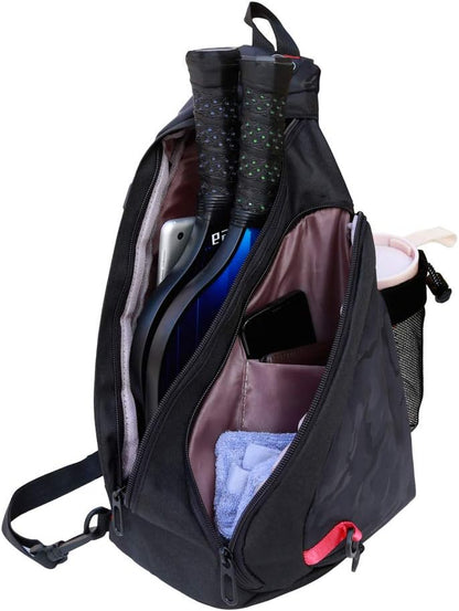 Pickleball Sling Bag for Women and Men - Adjustable with Water Bottle Holder, Fits 4 Paddles and All Your Other Gear - Black