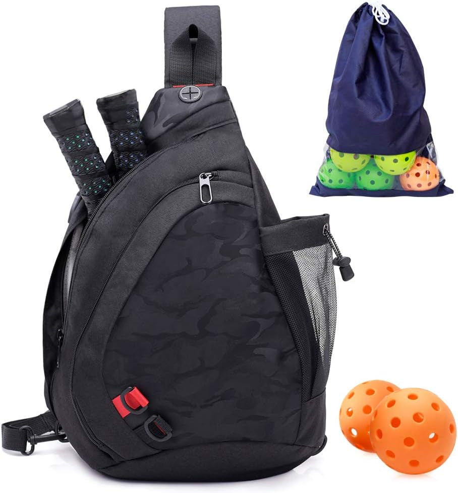 Pickleball Sling Bag for Women and Men - Adjustable with Water Bottle Holder, Fits 4 Paddles and All Your Other Gear - Black