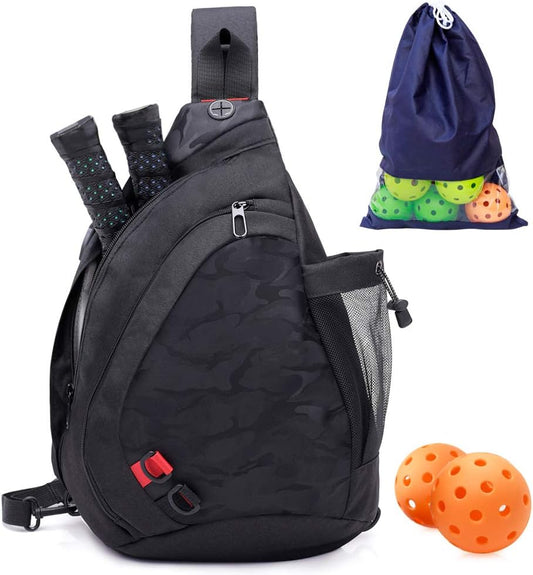 Pickleball Sling Bag for Women and Men - Adjustable with Water Bottle Holder, Fits 4 Paddles and All Your Other Gear - Black