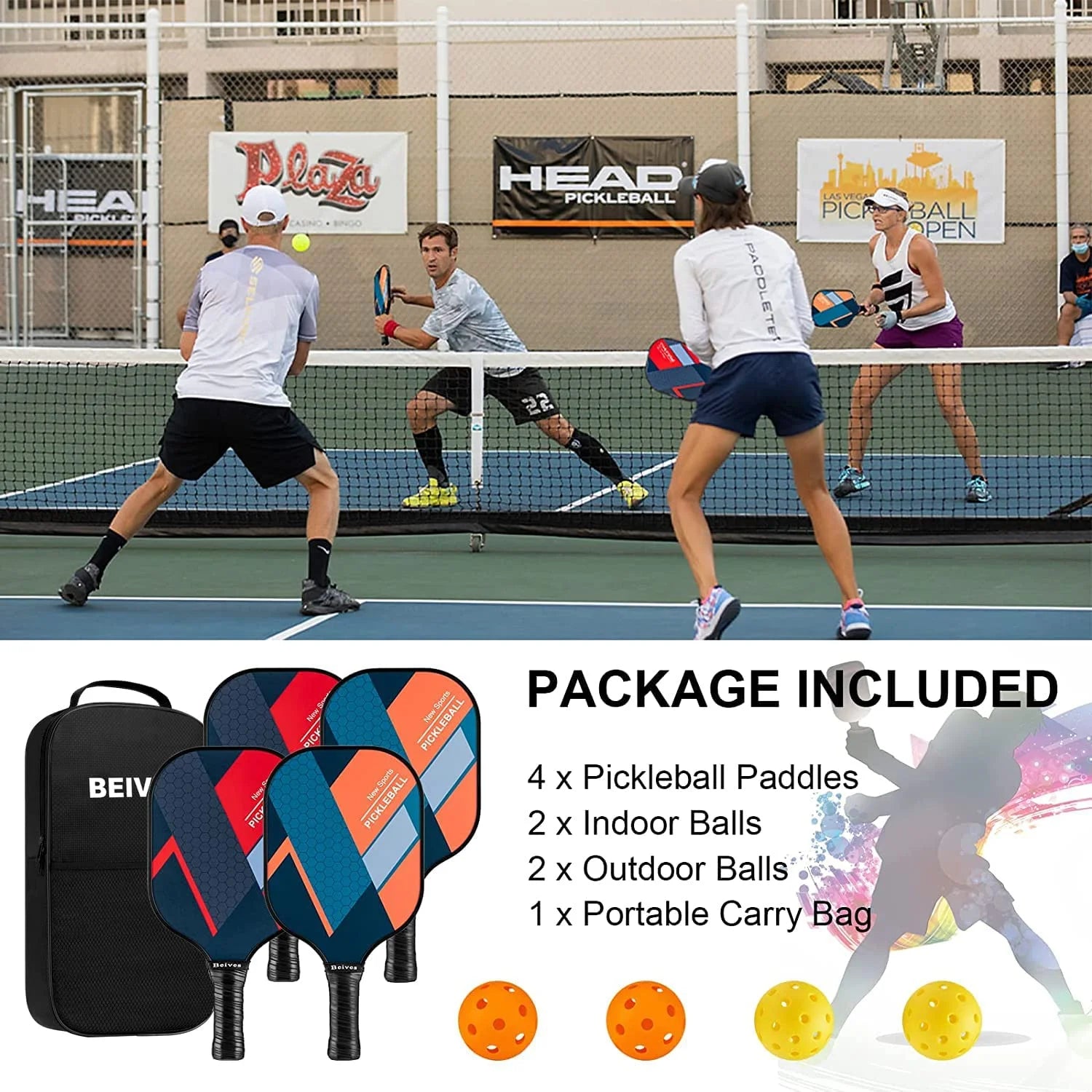Fiberglass Pickleball Paddle Set - 4-Player Kit with 4 Pickle Balls & Portable Carry Bag - Lightweight Design for Indoor/Outdoor Play (Beginner to Advanced)