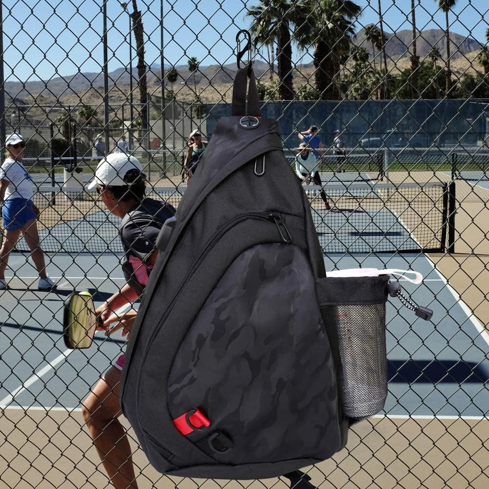 Pickleball Sling Bag for Women and Men - Adjustable with Water Bottle Holder, Fits 4 Paddles and All Your Other Gear - Black