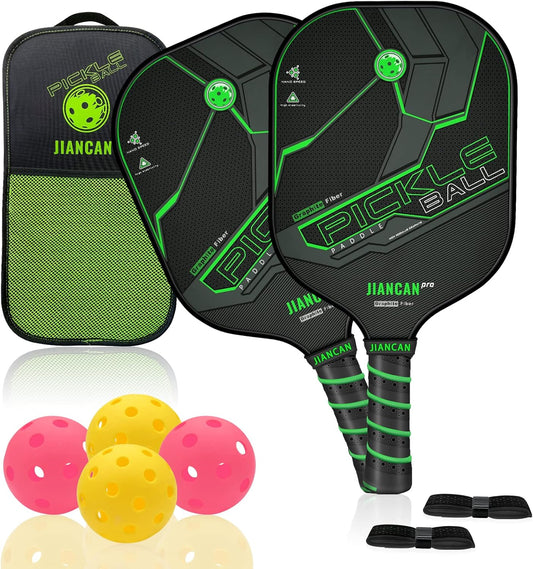 Graphite Pickleball Paddles, Pro Pickleball Paddle Set of 2 Lightweight Carbon Fiber Pickleball Racket with 4 Pickleball Balls & Portable Bag Polymer Soft Non-Slip Grip