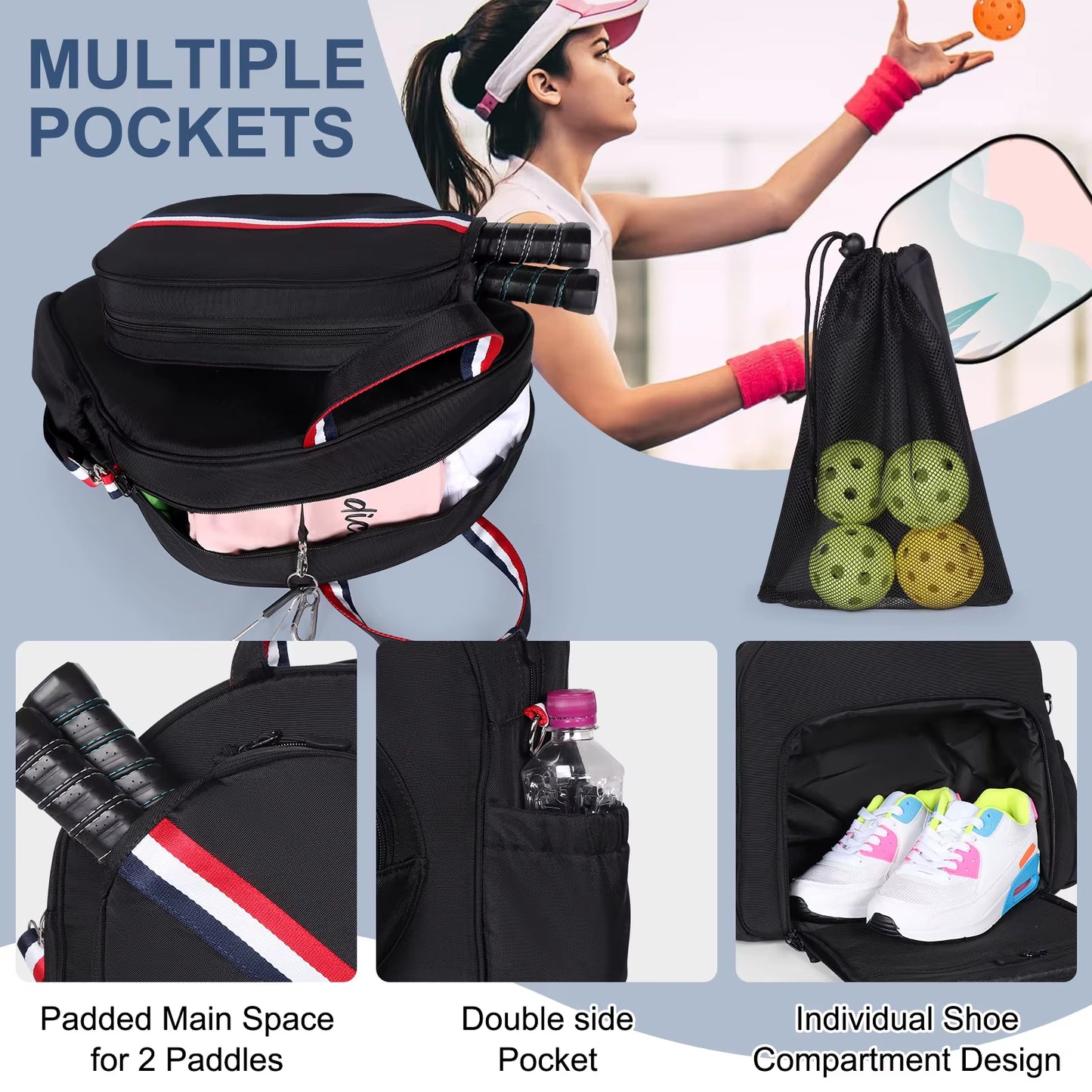 Adjustable Pickleball Paddle Backpack Bag Multi Sport Large Capacity Storage Tennis Racquetball Equipment for Men Women