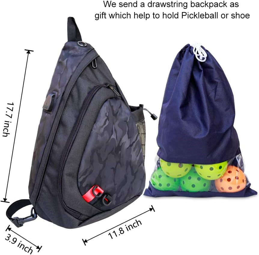Pickleball Sling Bag for Women and Men - Adjustable with Water Bottle Holder, Fits 4 Paddles and All Your Other Gear - Black