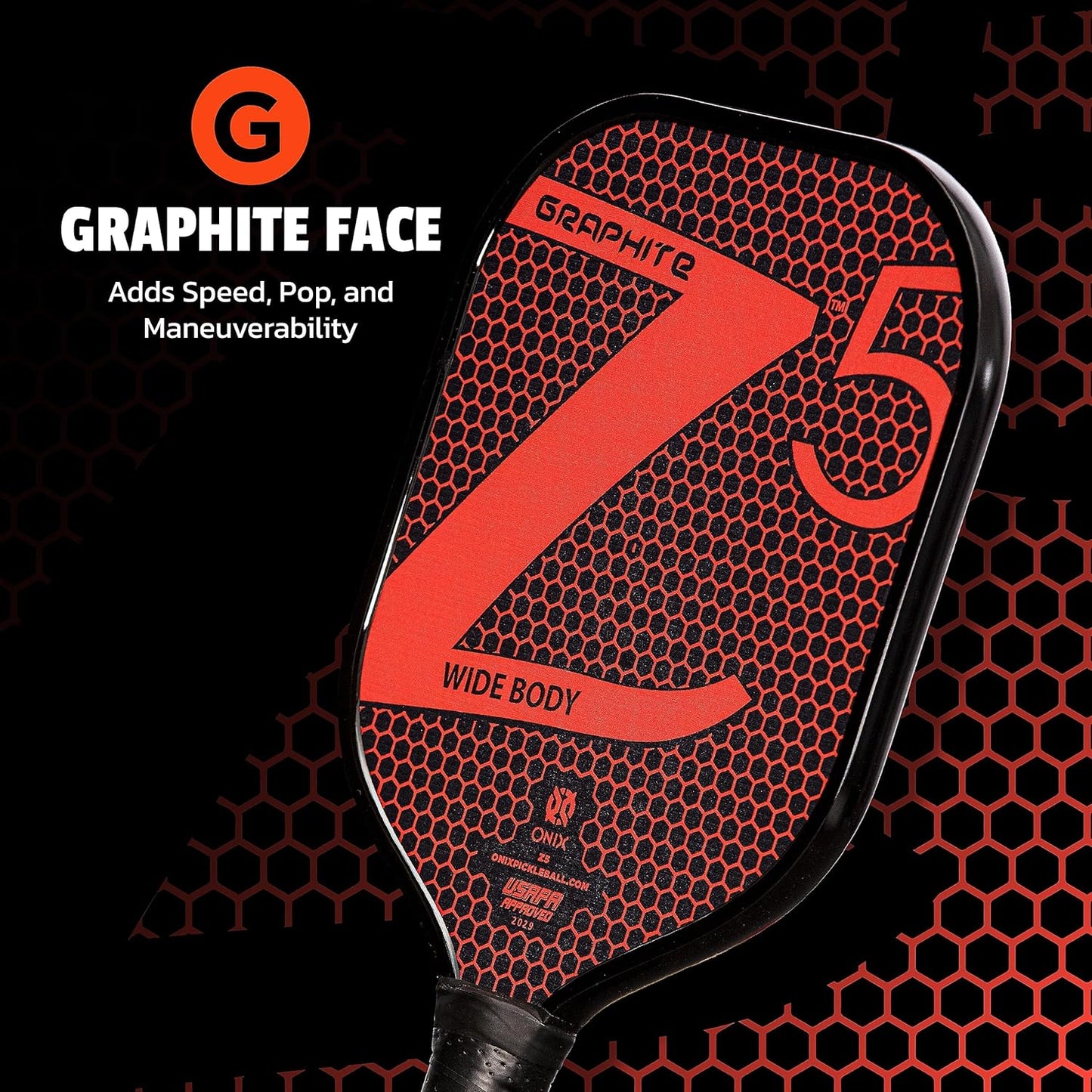 Graphite MOD Z5 Carbon Fiber Pickleball Paddle with Wide-Body Shape, Honeycomb Core, Graphite Face & Cushion Comfort Pickleball Paddle Grip